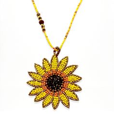 20" Handcrafted Bohemian Summer Jewelry With Sunflower Design, Bohemian Sunflower Design Jewelry For Summer, Yellow Flower Necklace For Summer, Bohemian Sunflower Design Summer Jewelry, Summer Yellow Flower Necklaces, Summer Yellow Flower Necklace, Spring Beaded Flower Necklace With Round Beads, Bohemian Sunflower Design Jewelry With Round Beads, Spring Beaded Flower Necklace