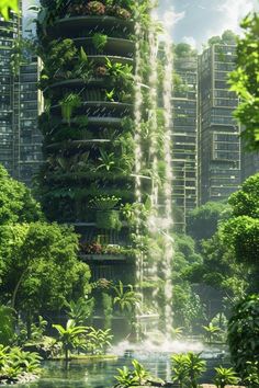 a tall building with many plants growing on it's sides in the middle of a forest