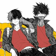 two anime guys sitting on a couch with their arms around each other's shoulders