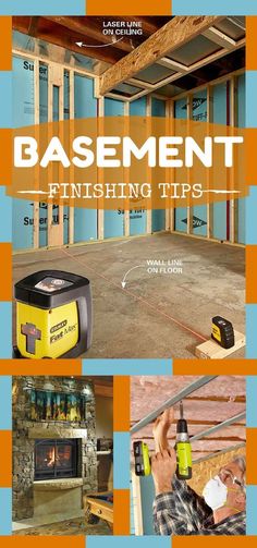 an advertisement for basement finishing tips with pictures of the inside and out of it, including tools