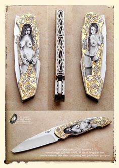 three pictures of different types of knifes with images on them