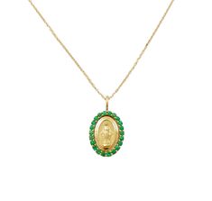 This exquisite 14K gold Miraculous Medal necklace is sure to make a lasting impression. Featuring a dazzling colored stone of your choice, whether it be ruby, blue sapphire, or emerald, this piece of jewelry is sure to bring delight and radiance to any ensemble. Wear it and sparkle! Total Weight in Color Stone CS0.36cts Spiritual Oval Necklace With Polished Finish, Hallmarked Yellow Gold Necklace For May Birthstone, Fine Jewelry Birthstone Medallion Necklace, Yellow Gold Pendant Necklace For May Birthstone, Fine Jewelry Pendant Necklace With Halo, Green 14k Gold Spiritual Necklace, Gold Jewelry With Halo Design For May Birthstone, Gold Pendant With Halo Design, Gold Oval Jewelry With Halo Design