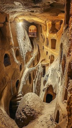 the inside of a cave with many holes in it