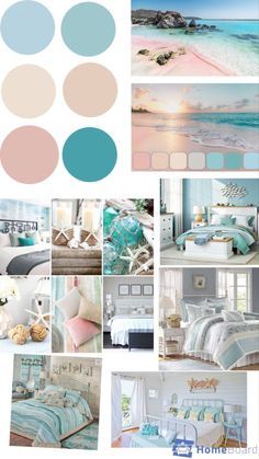 a collage of photos with different colors and patterns on the bed, along with pictures of beach scenes