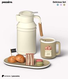 a coffee pot, cup and plate with pastries on it