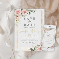 the wedding stationery is displayed next to an iphone