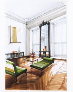 a drawing of a living room with green furniture and large mirrors on the wall above it