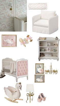 a baby's nursery with pink and white decor, including a crib, rocking chair, bookshelf, dresser, stuffed animal toy, doll and other items