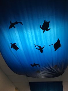 the ceiling is covered in blue fabric with black silhouettes of sea animals