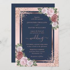 a wedding card with pink flowers and gold glitters on the front, navy blue background