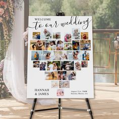 a wedding welcome sign with photos on it