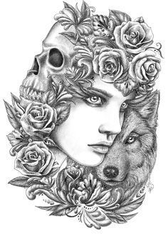 a drawing of a woman with roses and a skull