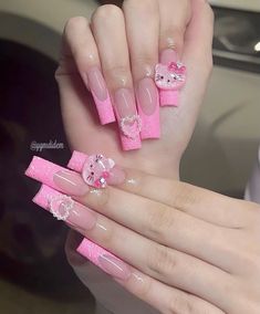 Pink Nail Designs Hello Kitty, Light Pink Nails Hello Kitty, Nails With Hello Kitty, Light Pink Nails Acrylic Hello Kitty, Tapered Square Nails Hello Kitty, Pink Square Nails, Hello Kitty Charms For Nails, Hello Kitty Charm, Kitty Makeup