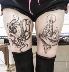 an octopus and lighthouse tattoo on the legs of a woman's thigh, both with black ink