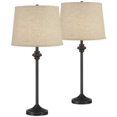 two lamps are shown side by side, one has a beige linen shade on it