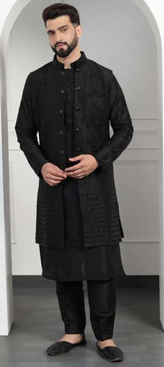 Black and Grey color Kurta Pyjama with Jacket in Raw Silk fabric with Cut Dana, Embroidered, Resham work Luxury Fitted Black Nehru Jacket, Luxury Black Classic Nehru Jacket, Kurta Pyjama With Jacket, Engagement Reception, Reception Lehenga, Resham Work, Raw Silk Fabric, Kurta Pyjama, Raw Silk