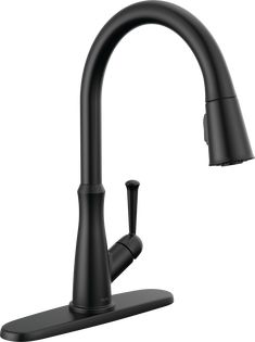 a black kitchen faucet with the handle extended