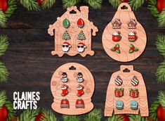 christmas sweaters and ornaments on wooden cutting boards