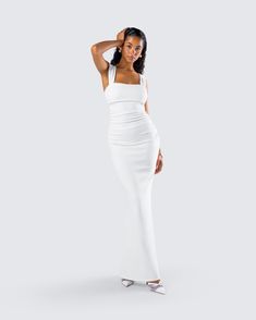 Give them a little taste of heaven in this white maxi dress 🤍 Perfect for any occasion where you want to be the chicest and most angelic in the room, this dress is made from jersey fabric and complete with wide straps, a built-in bralette, a cinched back panel, and a mermaid shaped skirt ✨ Maxi Dress Bodycon, Jersey Maxi Dress, White Maxi Dress, Black Off Shoulder, Maxi Jersey Dress, Dress Bodycon, Graphic Top, White Jersey, White Maxi