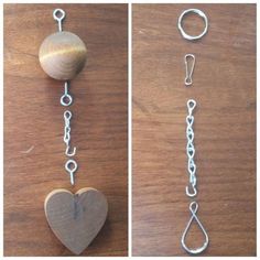 two pictures showing the different parts of a chain and a wooden heart hanging from chains