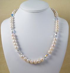 White Pearl and Swarovski Crystal Necklace, White Pearl Necklace, Aurora Borealis Crystal, Sterling Silver, Wedding Pearls, Bridesmaid Gift by KBeadsIt on Etsy Wedding Pearls, Pearl Wedding Jewelry, Pearl Jewelry Wedding, Aurora Borealis Crystal, White Pearl Necklace, Swarovski Crystal Necklace, Necklace White, Pearl Wedding, Adjustable Necklace