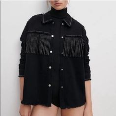 Nwt Zara Bloggers Favorite Black Denim Fringe Rhinestone Western Shirt Jacket. Raw Hem Edge. Snap Front. Oversized. Raw Hem Around Collar With Rhinestones. Brand: Zara Size: Small. Rp: $149 Nwt Casual Long Sleeve Denim Jacket With Rhinestone Fringe, Casual Denim Jacket With Rhinestone Fringe, Casual Denim Jacket With Rhinestone Fringe For Fall, Denim Outerwear With Rhinestone Fringe For Fall, Fall Denim Outerwear With Rhinestone Fringe, Trendy Denim Jacket With Rhinestone Fringe For Fall, Casual Long Sleeve Outerwear With Rhinestone Fringe, Winter Long Sleeve Denim Jacket With Rhinestone Fringe, Winter Denim Jacket With Rhinestone Fringe And Long Sleeves