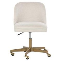 an office chair with wheels and a white upholstered seat, viewed from the front