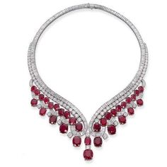 METAL SPECIFICATIONS Metal Name: White Gold 14K STONE SPECIFICATIONS Stone Name: RUBY/DIAMOND Stone Cut : Cushion, Baguette, and Round cut Stone Specifications: There are total rubies approx. 39.00 carats & approx. 20.00 carats of smaller round diamonds on the side. Natural earth mined stones. Total Stone Weight : approx. 59.00 carats Color : Red/G Clarity : AAA/SI NECKLACE SPECIFICATIONS Length : 16” (Can change length, please indicate about change with payment) Appraised Value : $126500.00 Com Harry Winston Jewelry, Ruby Diamond Necklace, Ruby And Diamond Necklace, Harry Winston, Ruby Necklace, Ruby Jewelry, Van Cleef, Diamond Pendant Necklace, Gorgeous Jewelry