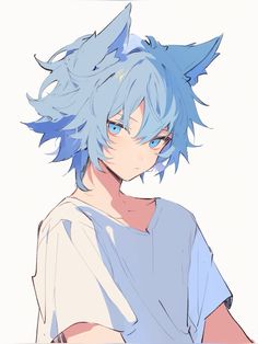 an anime character with blue hair wearing a t - shirt and looking at the camera