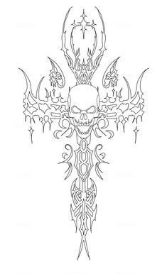 a drawing of a cross with skulls and wings on the front, in black and white