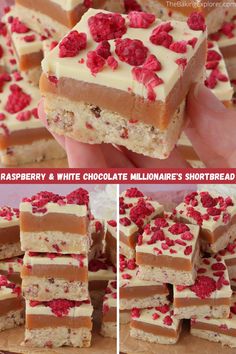 raspberry and white chocolate shortbreads are stacked on top of each other