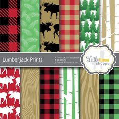 lumber digital paper pack with moose, elk and pine trees in red, green, black and white