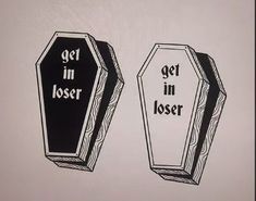 two black and white tombstones with the words get in closer written on one side