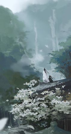 two birds sitting on top of a boat in the middle of trees and water with white flowers