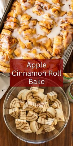 an apple cinnamon roll bake in a glass dish with apples and cinnamon on the side