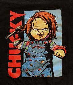 a black shirt with an image of a child in overalls and holding a knife