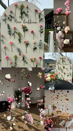 flowers are arranged on the wall and in vases