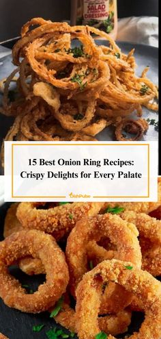 fried onion rings on a plate with the title 15 best onion ring recipes crispy delights for every palate