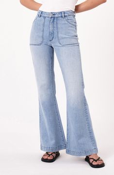 A faded finish dials up the old-favorite appeal of these impeccably flared light-wash jeans. 32" inseam; 25" leg opening; 11 1/2" front rise; 14 1/2" back rise (size 29) Zip fly with button closure Front scoop pockets; back patch pockets 99% cotton, 1% elastane Machine wash, line dry Imported Spring Flare Faded Jeans, Spring Faded Flare Jeans, Spring Medium Wash Retro Flares, Faded Flare Jeans, Spring Retro Medium Wash Flares, Faded Washed Mid-rise Flare Jeans, Retro Wide Leg Light Wash Flare Jeans, Mid-rise Faded Washed Flare Jeans, High Rise Light Wash Denim Flares