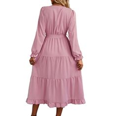 Pink Ruffled Hem V Neck Long Sleeve Casual Dress Tiered Ruffle Midi Dress For Fall, Pink Tiered Dress For Fall, Tiered Midi Dress With Ruffles For Fall, Fall Tiered Midi Dress With Ruffles, Fall Ruffled Solid Maxi Dress, Fall Solid Color Ruffled Maxi Dress, Fall Solid Color Maxi Dress With Ruffles, Fall Maxi Dress With Ruffles, Feminine Fall Midi Dress With Ruffles