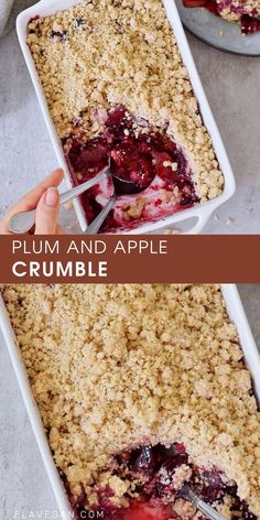 two pictures showing the inside of a crumbled plum and apple crisper cake