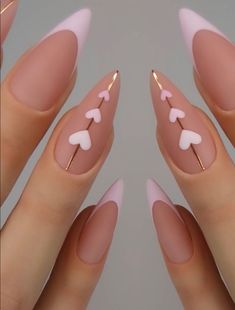 Gold Pink and White Hearts Nail Setup, Red Valentine, Almond Nails Designs, Heart Nails, Acrylic Nail Designs