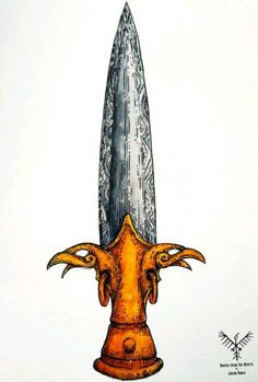 a drawing of a large knife with horns on it's head