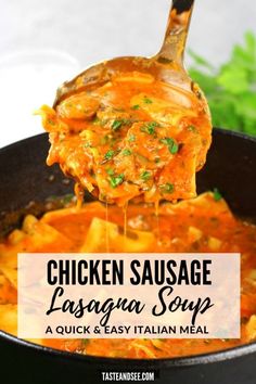 chicken sausage lasagna soup in a cast iron skillet