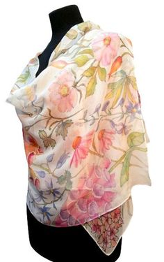 Made to order. Silk scarf "Botanica" size 180 cm / 45 cm, 70 "/ 17" is painted on light, translucent natural chiffon. Garden flowers on a white background will surprisingly refresh your face with light reflections and create a joyful summer mood at any time of the year. You can order a botanical scarf in any color and size. The paints are well fixed, you can safely wash and iron! Each of my scarves is signed and will be packaged in a designer box with washing instructions. Thanks for visiting my store! Wish you a pleasant shopping! Coral Scarf, Girl Holiday, Summer Shawl, Silk Chiffon Scarves, Silk Headscarf, Hand Painted Scarves, Painted Scarf, Floral Silk Scarf, Flower Scarf