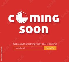 a red background with the words coming soon and an image of a clock on it