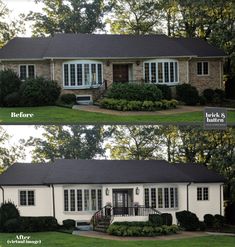 before and after pictures of a house with white siding, black shutters and windows