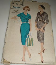 1959 Vogue Sewing Pattern.  Pattern # 9807 Slim Wiggle Dress.  Size 16 bust 36 waist 27 hips 38.  Pattern has been cut and all 11 pieces are present. Silk Wiggle Dress, Wiggle Dress Vintage 1950s, 60s Wiggle Dress, Wiggle Dress Pattern, Sewing Patterns 1950 Voge, Vogue Sewing Patterns, Wiggle Dress, Sewing Studio, Retro Chic