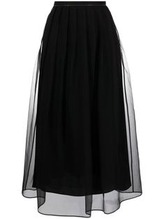 black silk blend chiffon signature Monili chain detail pleat detailing high waist mid-length Mid Length Chiffon Skirt, Organza Midi Skirt, Chiffon Midi Skirt, Brunello Cucinelli Women, Fashion Umbrella, Tulle Maxi Skirt, Umbrella Skirt, High Rise Skirt, Silk Tulle