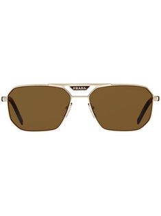 brown pilot frame double nose bridge logo plaque straight arms curved tips These glasses come with a protective case. Fancy Glasses, Prada Glasses, Frame Logo, Prada Eyewear, Prada Sunglasses, Nose Bridge, Mens Essentials, Eyewear Accessories, Sunglass Frames